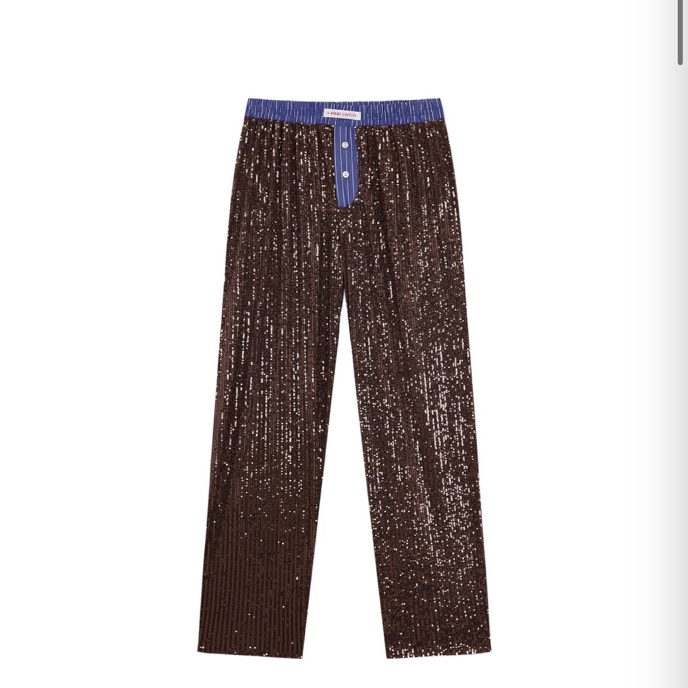 Brown Sequin Pants with Blue Waistband